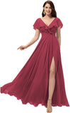 Vestidos de dama de honor largos con escote en V y volantes de gasa para mujer, vestidos de noche formales