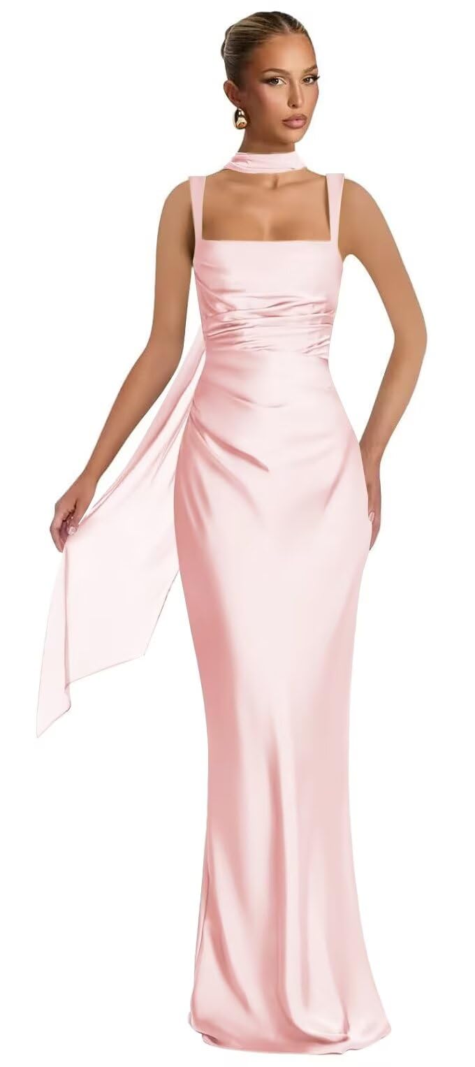 Mermaid Bridesmaid Dresses with Scarf 2027 Long Satin Spaghetti Straps Ruched Formal Evening Party Dress for Women