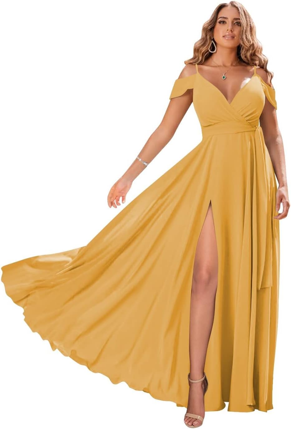 Schulterfreie Brautjungfernkleider 2025 für Frauen, langes Chiffon-Abendkleid mit V-Ausschnitt und Schlitz