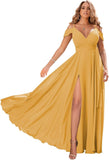 Schulterfreie Brautjungfernkleider 2025 für Frauen, langes Chiffon-Abendkleid mit V-Ausschnitt und Schlitz