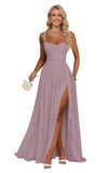 Ruffle Chiffon Bridesmaid Dress Long Square Neck Pleated Formal Gowns with Slit for Women Plus Size Spaghetti Straps Ruffles