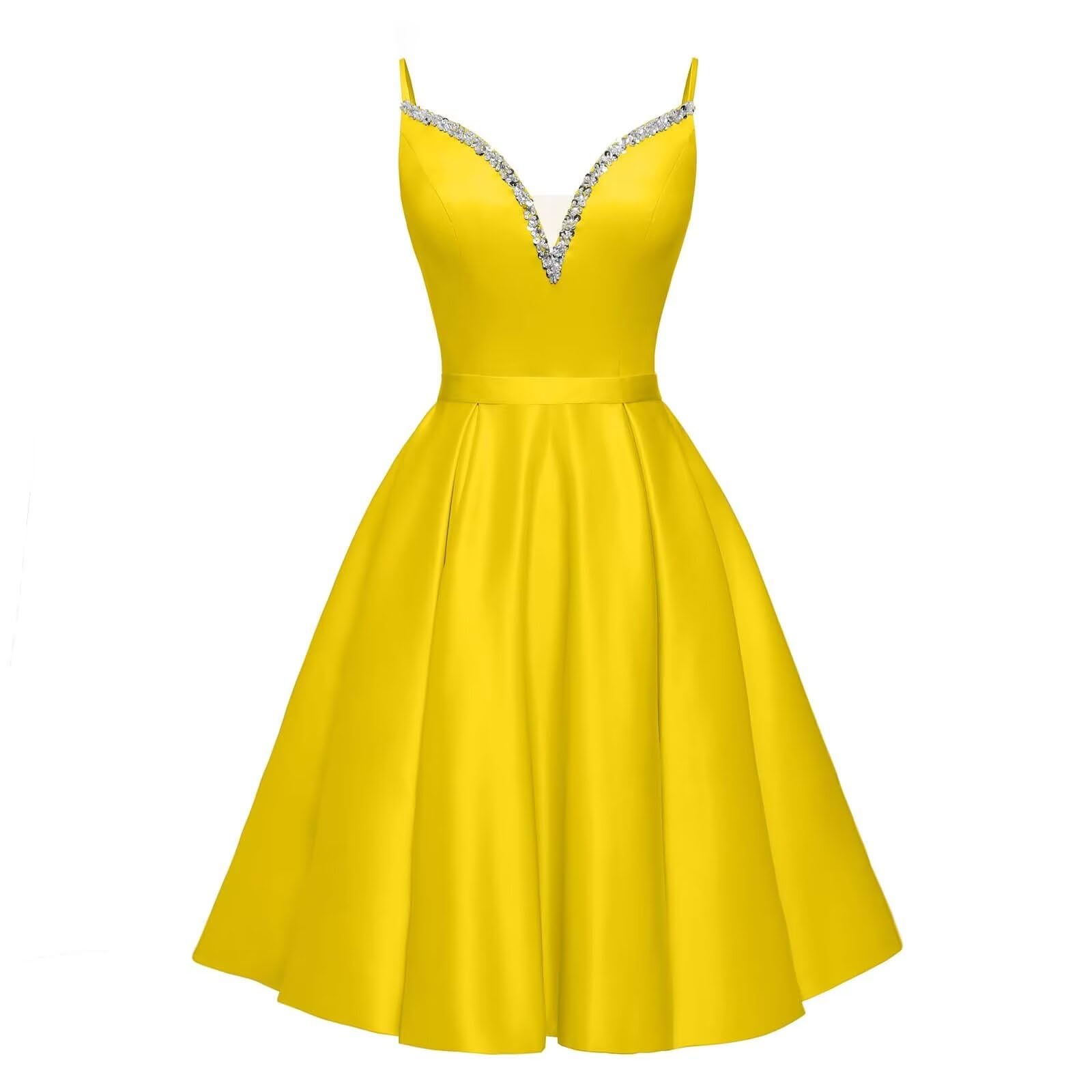 Spaghetti Straps Satin Homecoming Dresses for Teens V-Neck Short Prom Dress A-Line Beaded Cocktail Party Gowns