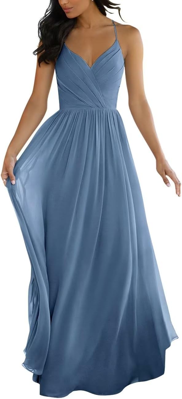 V Neck Bridesmaid Dresses for Women 2025 Long Chiffon Pleated A-line Spaghetti Strap Wedding Evening Prom Gown