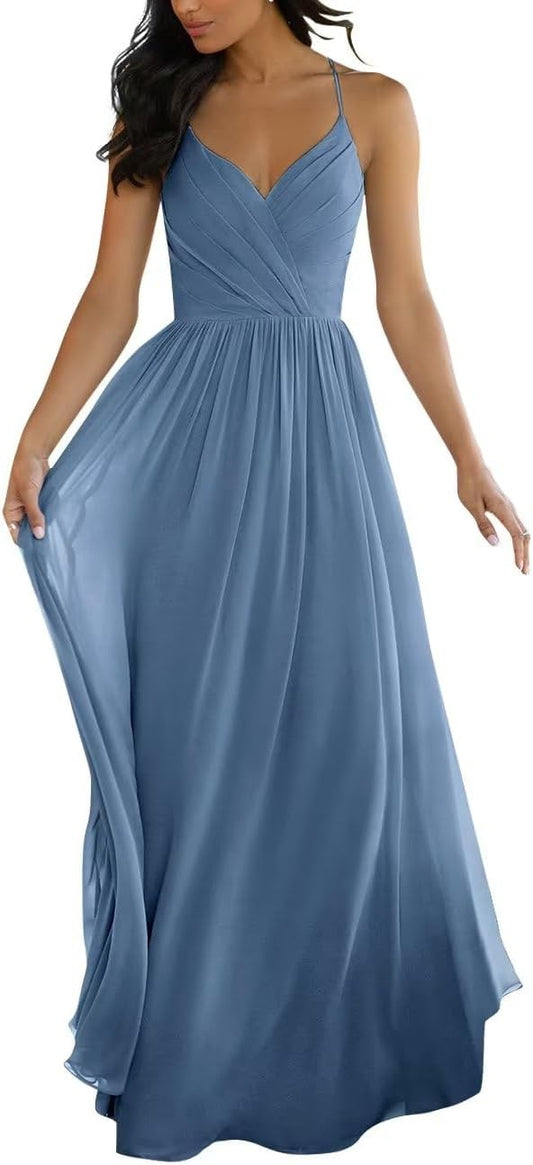 V Neck Bridesmaid Dresses for Women 2025 Long Chiffon Pleated A-line Spaghetti Strap Wedding Evening Prom Gown