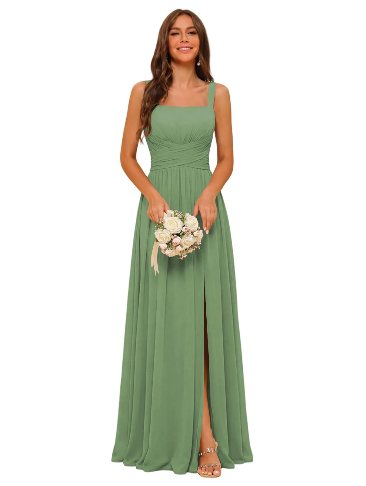 Square Neck Bridesmaid Dress Spaghetti Straps Chiffon Long Formal Dress for Women