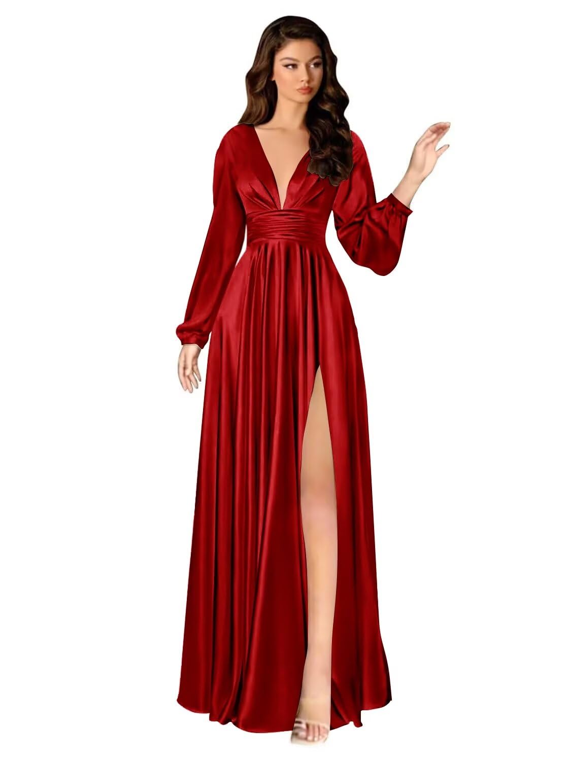Kingbridal Gowns Long Sleeve Satin Bridesmaid Dresses for Women Long A-Line V-Neck Pleated Formal Evening Party Ball Gown with Slit
