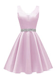 Satin Glitter Homecoming Dresses for Teens Short Prom Dress V-Neck Beaded Evening Formal Cocktail Party Gowns