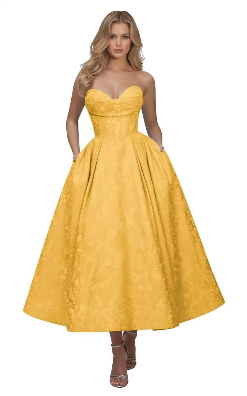 Strapless Floral Satin Prom Dresses for Women 2026 Jacquard Aline Formal Evening Party Dress with Pockets