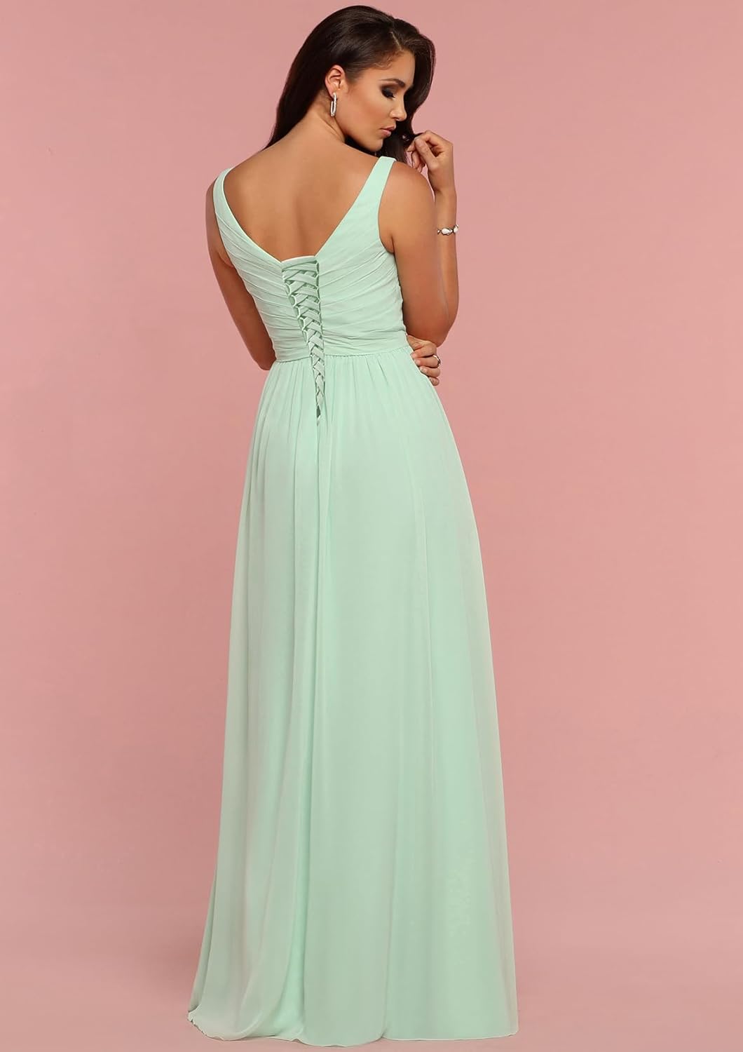 Vestidos de dama de honor largos con escote en V y abertura en gasa, corte A, plisados, para noche, fiesta formal