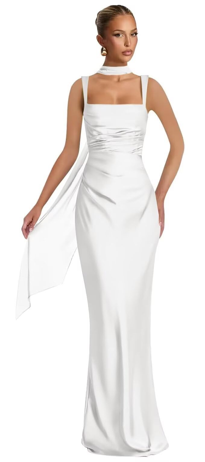Mermaid Bridesmaid Dresses with Scarf 2027 Long Satin Spaghetti Straps Ruched Formal Evening Party Dress for Women