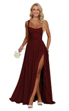 Ruffle Chiffon Bridesmaid Dress Long Square Neck Pleated Formal Gowns with Slit for Women Plus Size Spaghetti Straps Ruffles