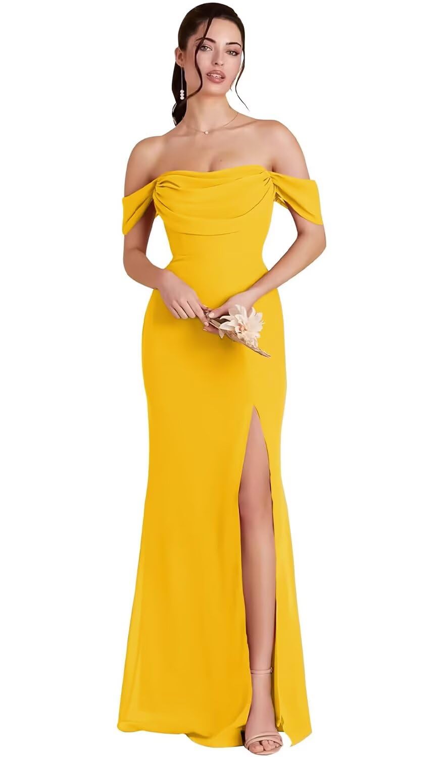 Kingbridal Gowns Off Shoulder Chiffon Bridesmaid Dresses for Women 2026 Long Ruched Cowl Neck Formal Evening Party Dress with Slit