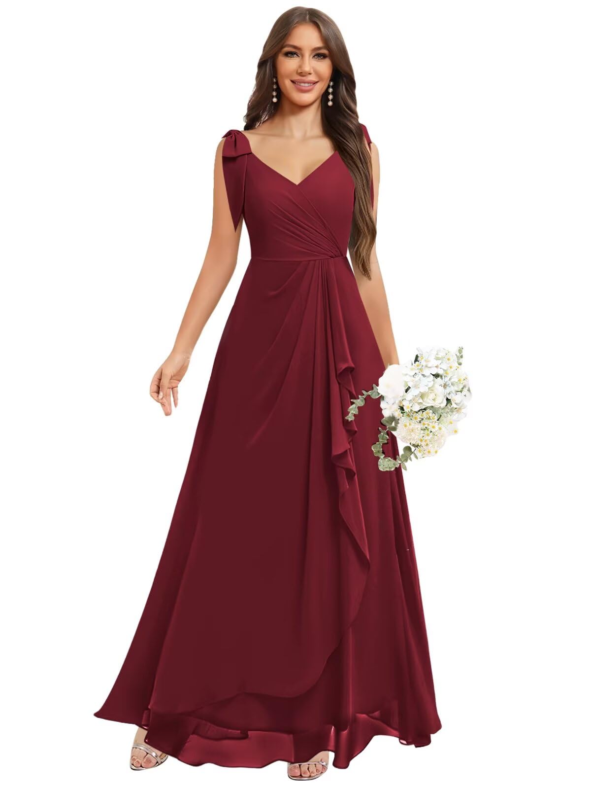 Chiffon Bridesmaid Dresses for Women Ruffles V Neck Flowy Long Formal Evening Dress with Bow