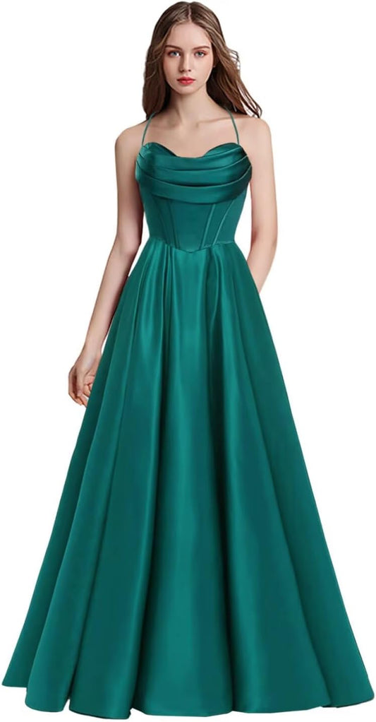 Spaghetti Straps Prom Dress Long with Pockets Satin Sweetheart Formal Evening Party Ball Gowns