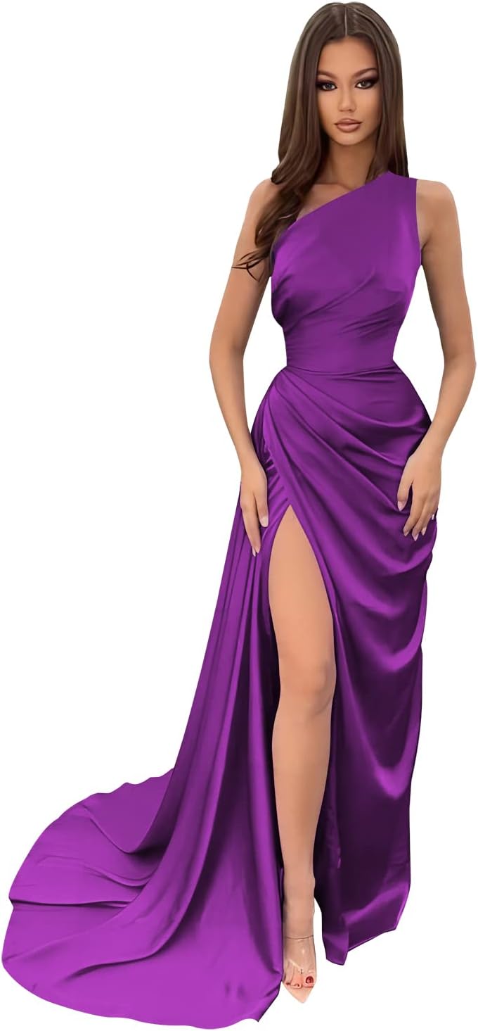 Vestidos de dama de honor largos con un hombro al descubierto y pliegues de satén estilo sirena para fiesta de boda formal 