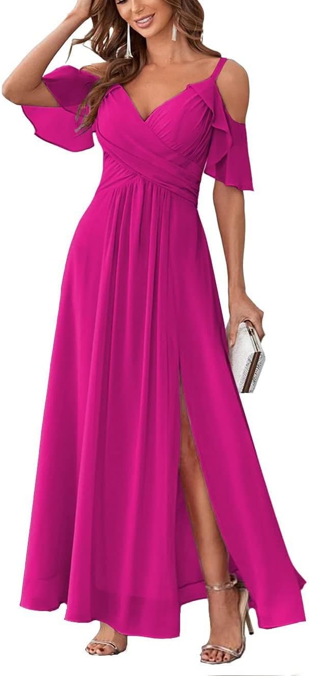 Women's Cold Shoulder Bridesmaid Dresses Long Summer Side Slit Chiffon Formal Evening Gown with Pockets