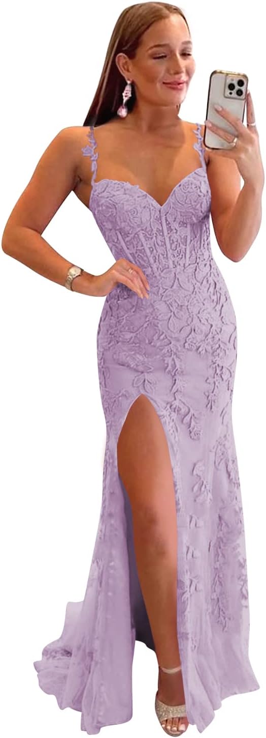 Women's Lace Mermaid Prom Dresses Long with Slit Mermaid Spaghetti Straps Backless Formal Evening Gowns