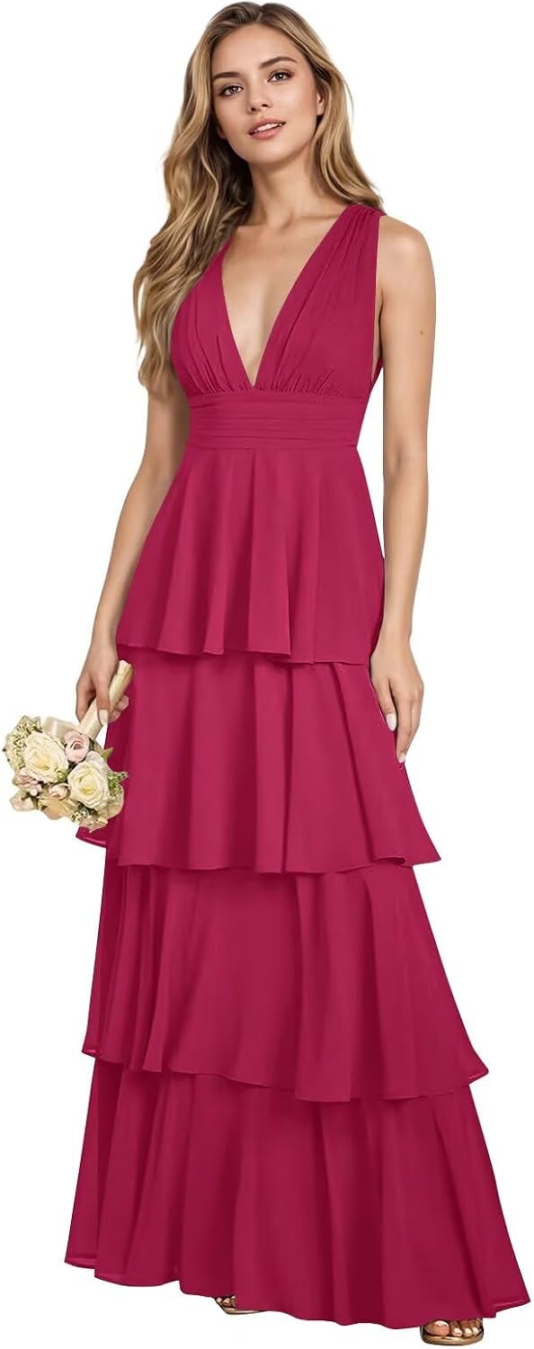 V Neck Chiffon Bridesmaid Dresses for Women 2027 Long Tiered A-Line Ruffles Formal Evening Party Dress