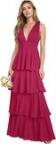 V Neck Chiffon Bridesmaid Dresses for Women 2027 Long Tiered A-Line Ruffles Formal Evening Party Dress