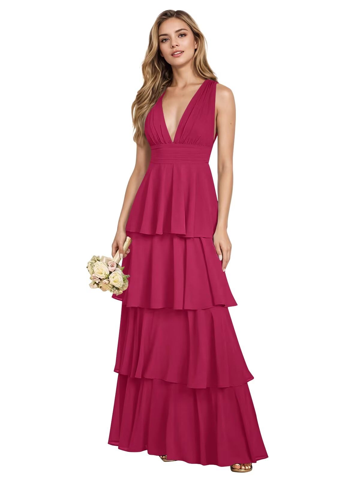 V Neck Chiffon Bridesmaid Dresses for Women 2027 Long Tiered A-Line Ruffles Formal Evening Party Dress