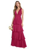 V Neck Chiffon Bridesmaid Dresses for Women 2027 Long Tiered A-Line Ruffles Formal Evening Party Dress