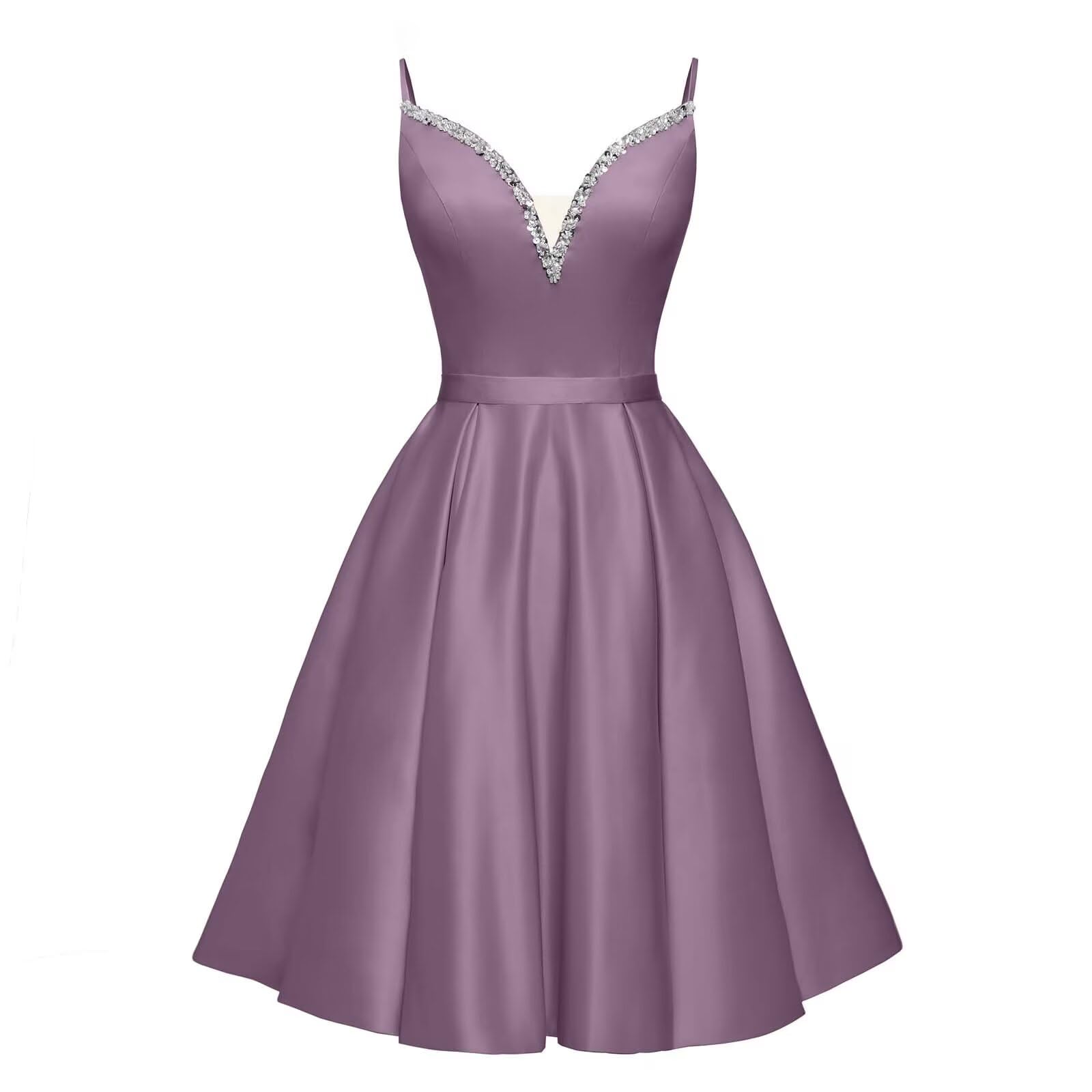 Spaghetti Straps Satin Homecoming Dresses for Teens V-Neck Short Prom Dress A-Line Beaded Cocktail Party Gowns