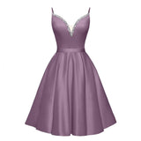 Spaghetti Straps Satin Homecoming Dresses for Teens V-Neck Short Prom Dress A-Line Beaded Cocktail Party Gowns
