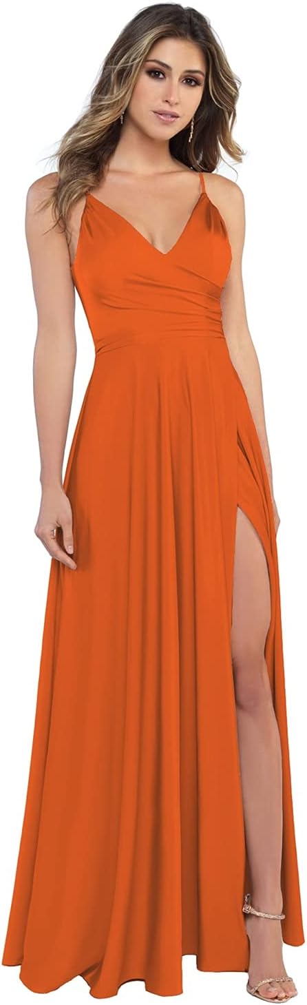 Damen-Brautjungfernkleider aus Satin mit V-Ausschnitt und Schlitz, Spaghettiträgern, formelle Ballkleider mit Taschen 