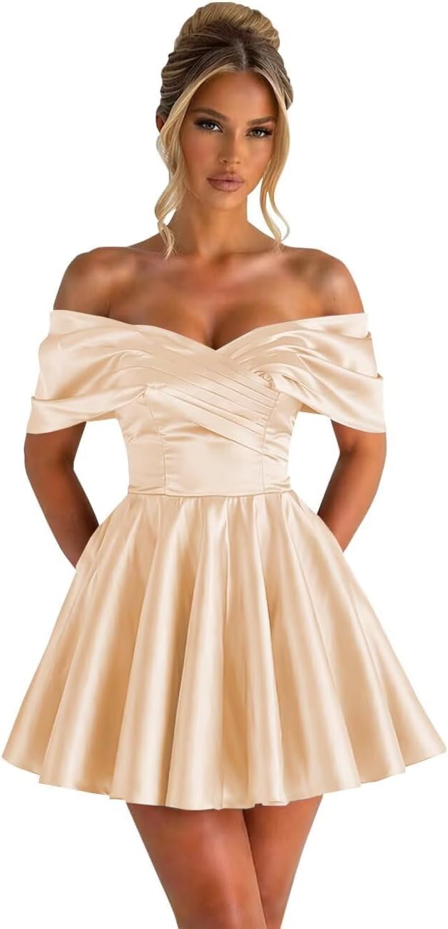 Off Shoulder Satin Homecoming Dresses for Teens 2026 Short Prom Dress A-line Pleated Cocktail Party Gowns