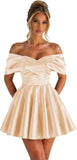 Off Shoulder Satin Homecoming Dresses for Teens 2026 Short Prom Dress A-line Pleated Cocktail Party Gowns