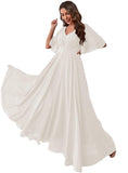 Women's Batwing Sleeve Chiffon Bridesmaid Dresses with Pockets V Neck Long Formal Evening Dress