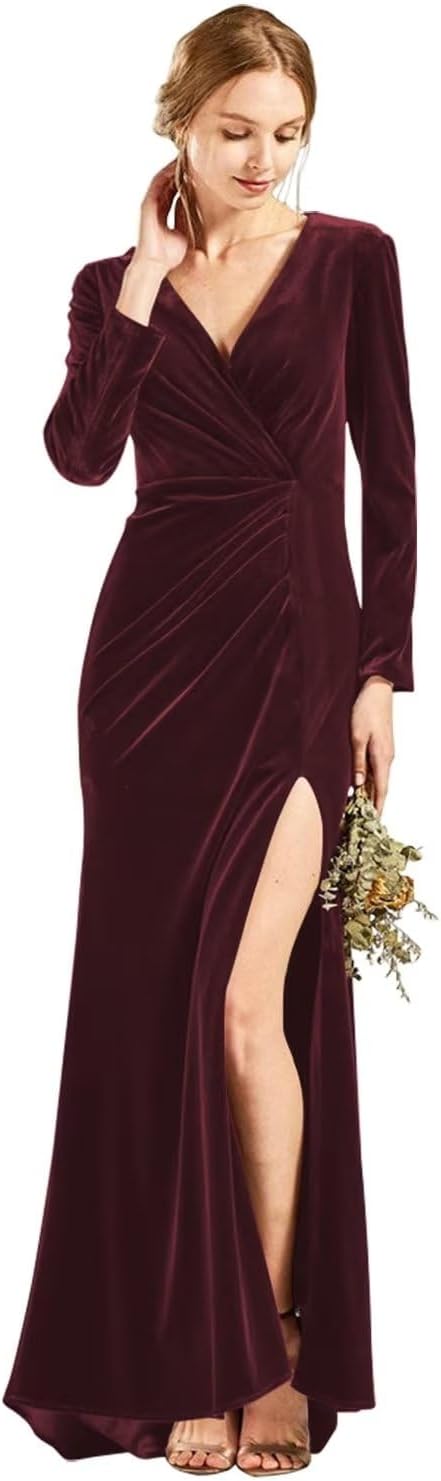 Langärmliges Brautjungfernkleid aus Samt mit Schlitz, V-Ausschnitt, Meerjungfrau-Stil, formelles Kleid für Damen