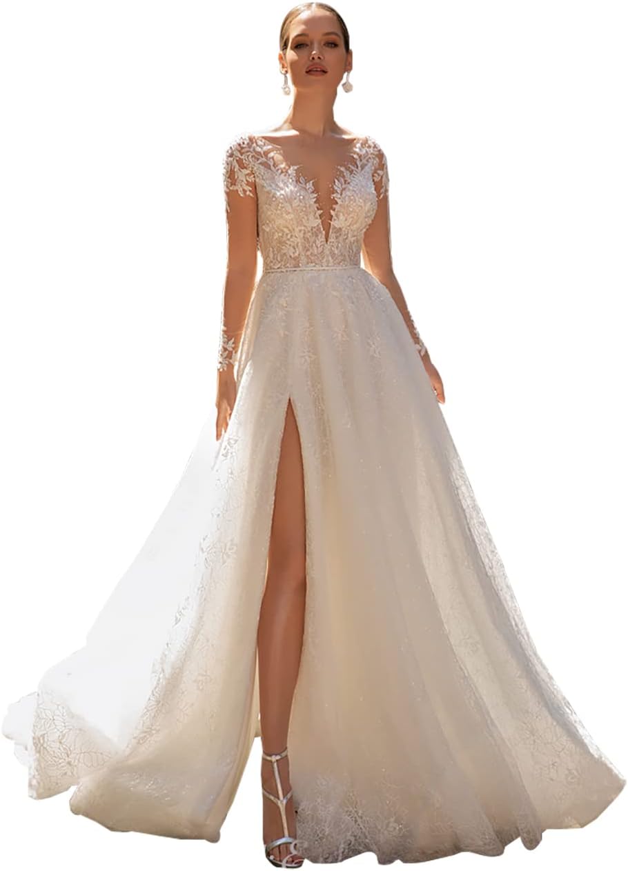 Damen Meerjungfrau Brautkleid mit Spitzenapplikationen und langen Ärmeln, V-Ausschnitt
