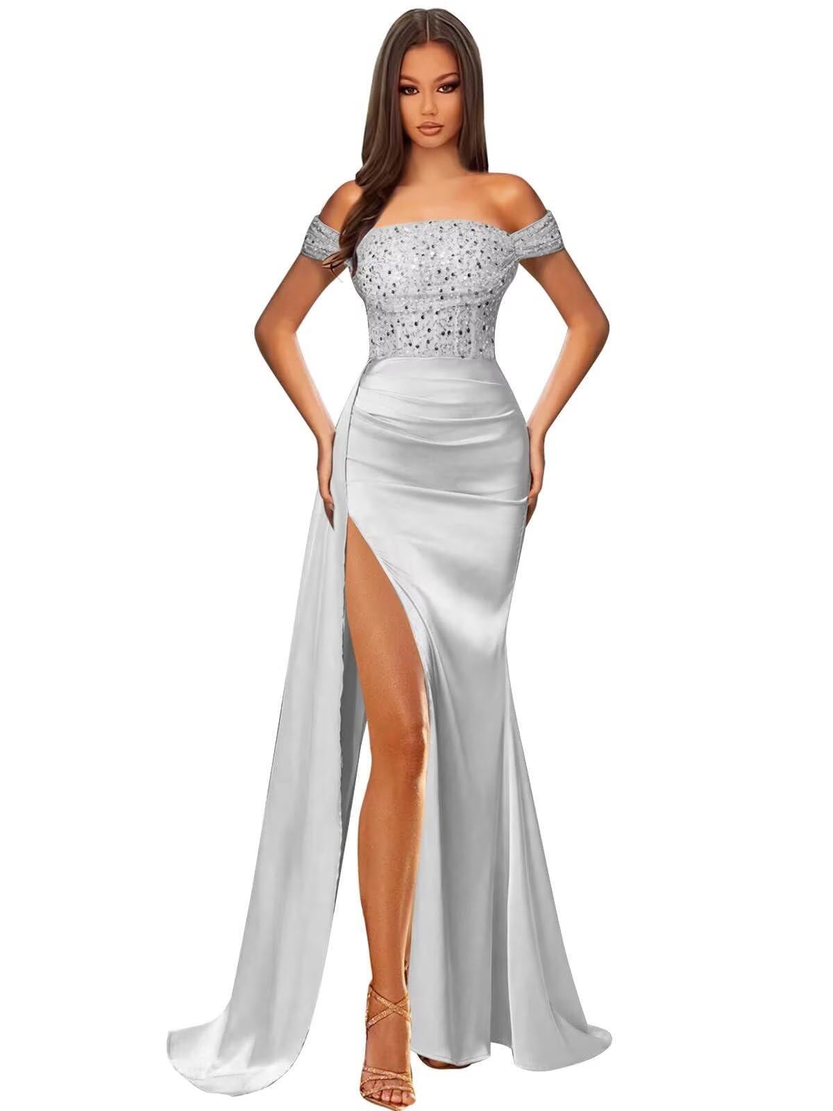 Off Shoulder Sequin Prom Dresses for Women 2027 Long Mermaid Tight Satin Formal Evening Party Dress with Slit
