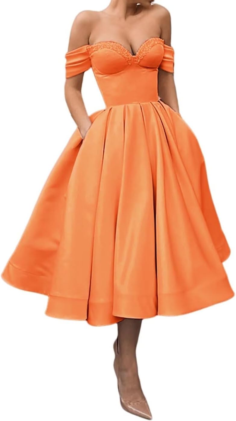 A Line Off Shoulder Prom Dresses for Women Satin Tea Length Cocktail Party Dresses with Pockets