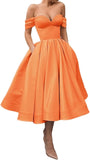 A Line Off Shoulder Prom Dresses for Women Satin Tea Length Cocktail Party Dresses with Pockets