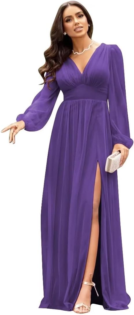 Langärmlige Brautjungfernkleider für Hochzeiten, V-Ausschnitt, formelles Kleid mit Schlitz, Chiffon-Ballkleid