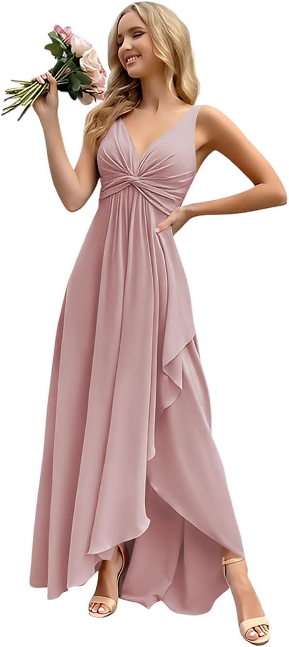 Women’s Long Bridesmaid Dresses Sleeveless V-Neck Formal Wedding Guest Chiffon Prom Gowns for Teens
