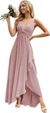 Women’s Long Bridesmaid Dresses Sleeveless V-Neck Formal Wedding Guest Chiffon Prom Gowns for Teens