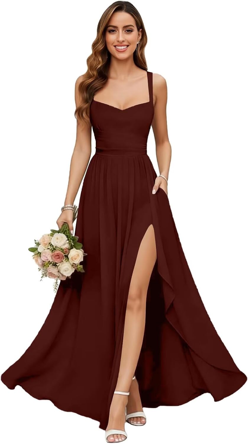 Chiffon Bridesmaid Dresses for Women Long Spaghetti Straps A-line Pleated Formal Evening Party Gowns with Pockets