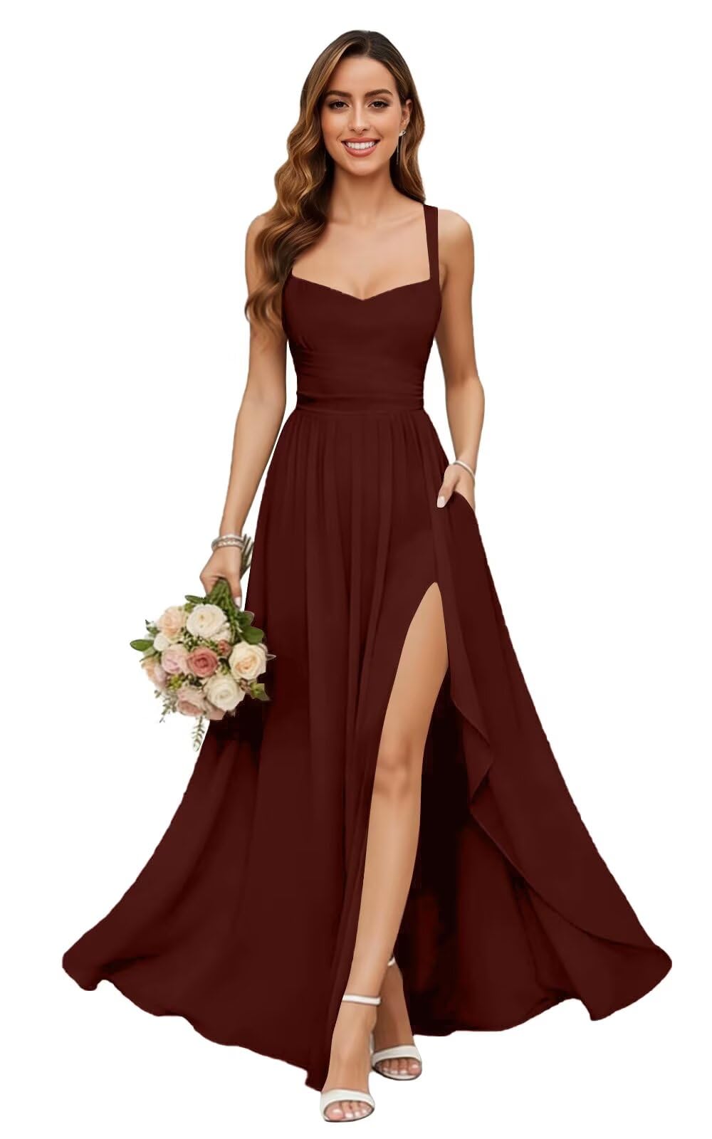 Chiffon Bridesmaid Dresses for Women Long Spaghetti Straps A-line Pleated Formal Evening Party Gowns with Pockets