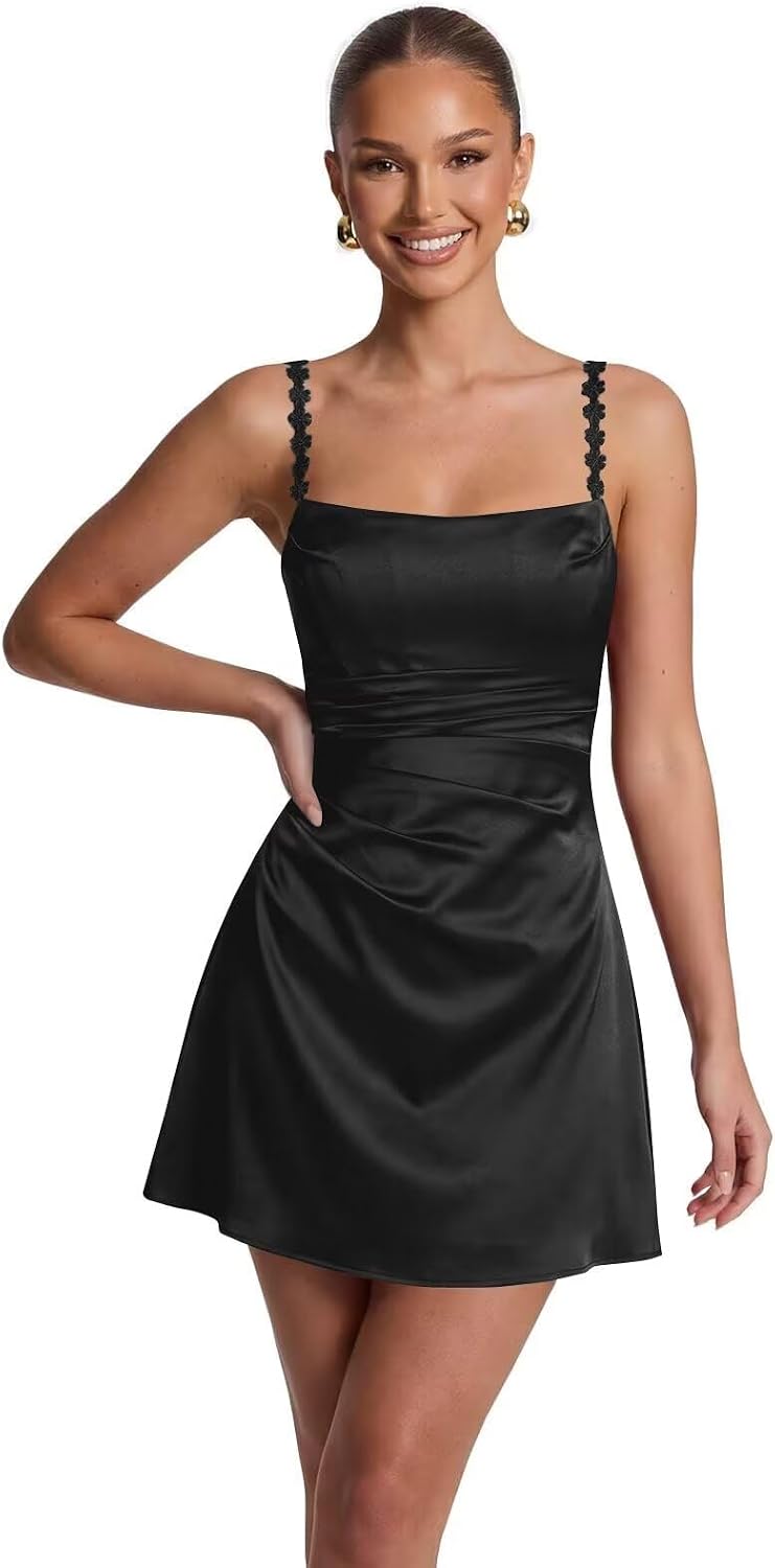 Satin Homecoming Dresses for Teens 2026 Spaghetti Straps Short Prom Dress A-line Pleated Cocktail Party Gowns