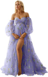 Flower Embroidery Tulle Maternity Dresses for Photoshoot Long Puffy Sleeve Off Shoulder Pregnancy Baby Shower Dress