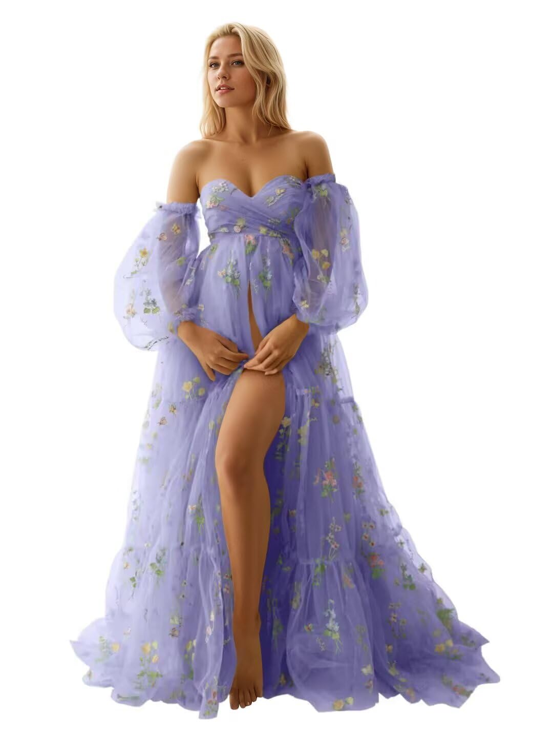 Kingbridal Gowns Flower Embroidery Tulle Maternity Dresses for Photoshoot Long Puffy Sleeve Off Shoulder Pregnancy Baby Shower Dress
