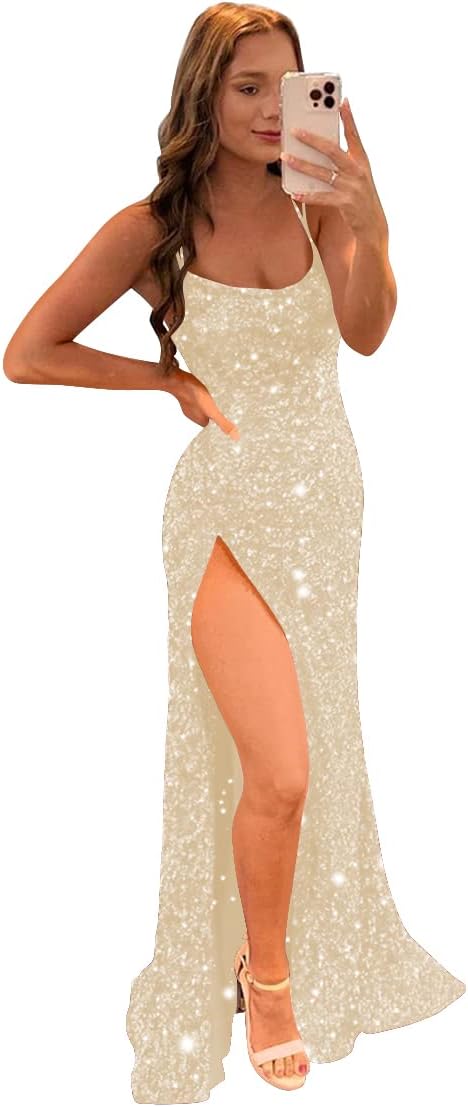 Women's Sequin Mermaid Prom Dresses with Slit Glitter Criss-Cross Long Formal Evening Gowns