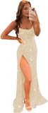 Women's Sequin Mermaid Prom Dresses with Slit Glitter Criss-Cross Long Formal Evening Gowns