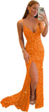 Women's Sequin Mermaid Prom Dresses with Slit Glitter Criss-Cross Long Formal Evening Gowns