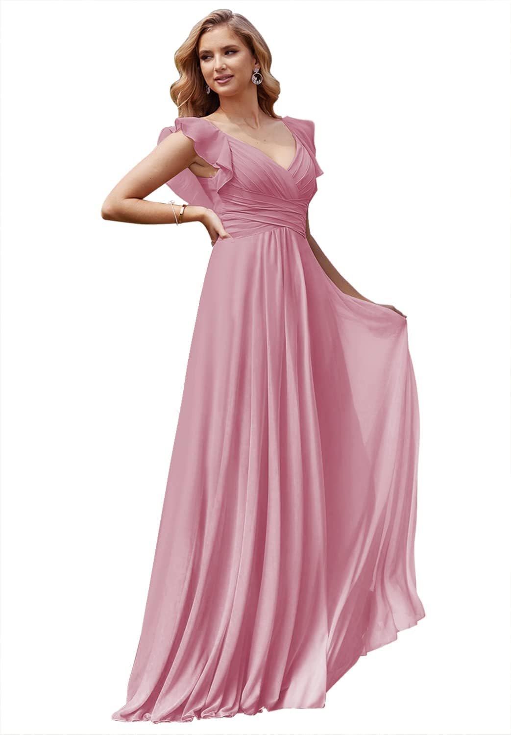 Women's V Neck Ruffle Chiffon Bridesmaid Dresses Long with Pockets Ruched Formal Dresses