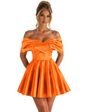 Off Shoulder Satin Homecoming Dresses for Teens 2026 Short Prom Dress A-line Pleated Cocktail Party Gowns