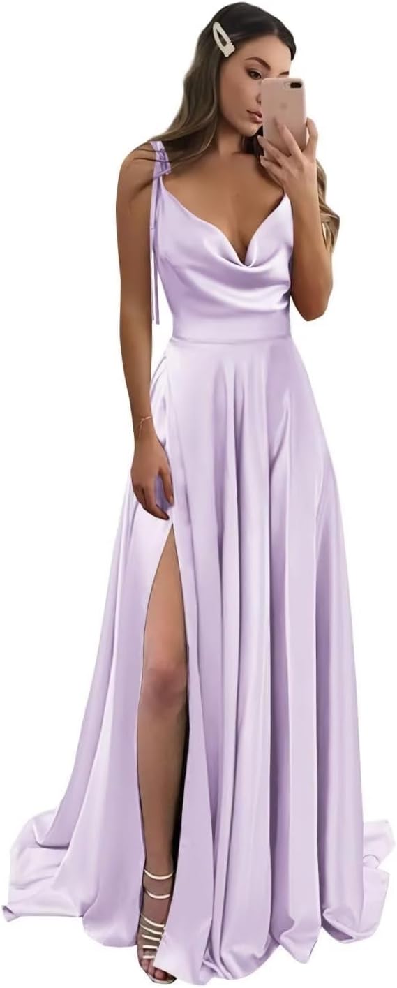 Vestidos de fiesta largos de satén con abertura alta para mujer, 2024, tirantes finos ajustables, vestidos de fiesta formales con bolsillos 